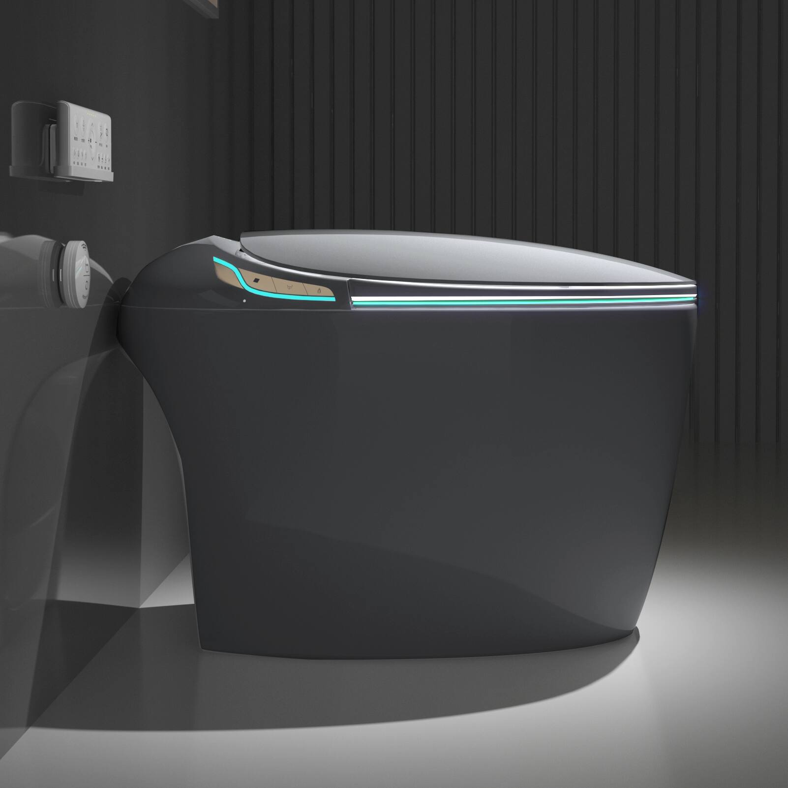 Left. Tiramisubest - Unique Smart Toilet with Bidet Built In,Auto Open/Close Seat,Foot Sensor,LED Display,Night Light,Warm Water & Dryer,Grey - Grey.