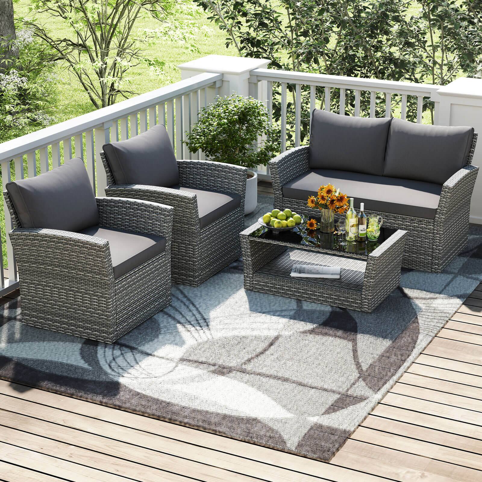 Alt View 9. Costway - Costway 4 PCS Patio Furniture Set with 2 Rattan Chairs Loveseat Coffee Table Cushions - Gray.