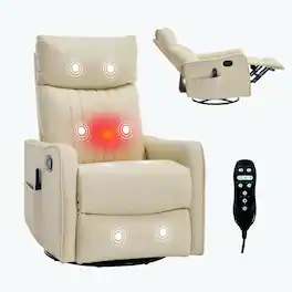 Kadyn - Faux Leather Heat Massage Recliner Chair, 8 Vibration Modes & Lumbar Heat, Rocker Swivel, PU - Beige