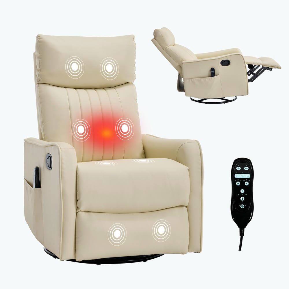 Front. Kadyn - Faux Leather Heat Massage Recliner Chair, 8 Vibration Modes & Lumbar Heat, Rocker Swivel, Beige PU - Beige.