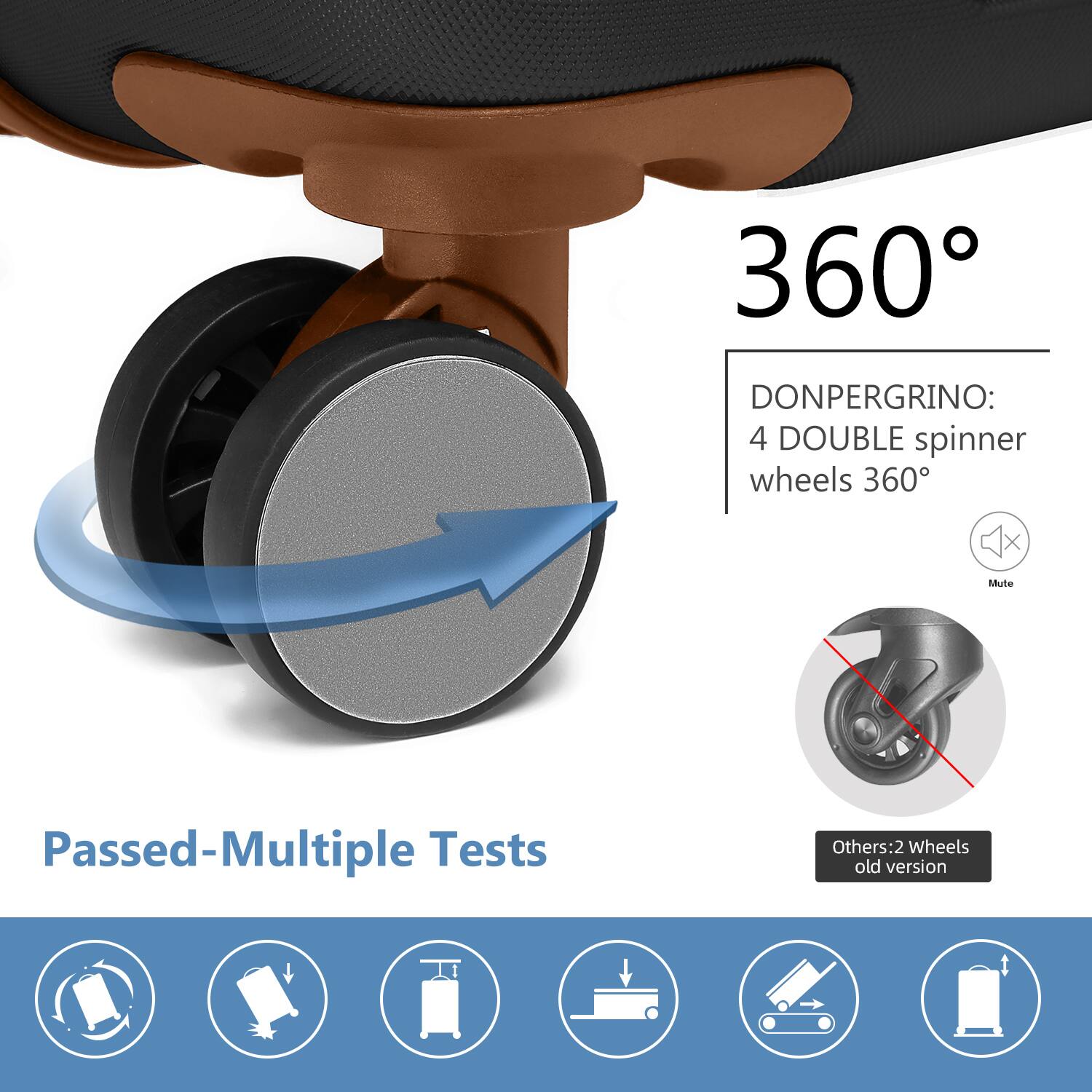 360°

DONPERGRINO:
4 DOUBLE spinner wheels 360°

Mute

Passed-Multiple Tests

Others: 2 Wheels old version