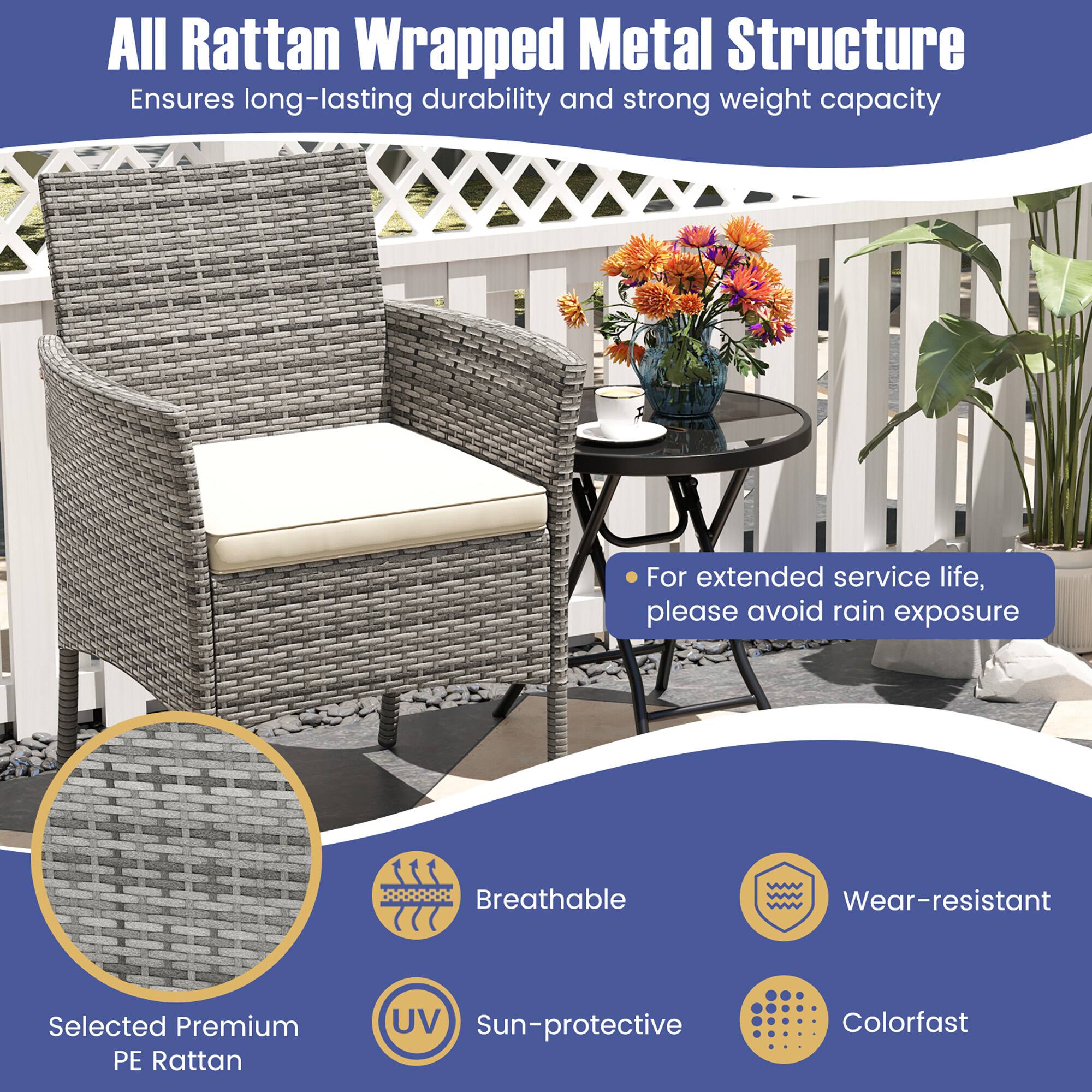 All Rattan Wrapped Metal Structure  
Ensures long-lasting durability and strong weight capacity  

For extended service life, please avoid rain exposure  

Selected Premium PE Rattan  
Breathable  
Wear-resistant  
Sun-protective  
Colorfast