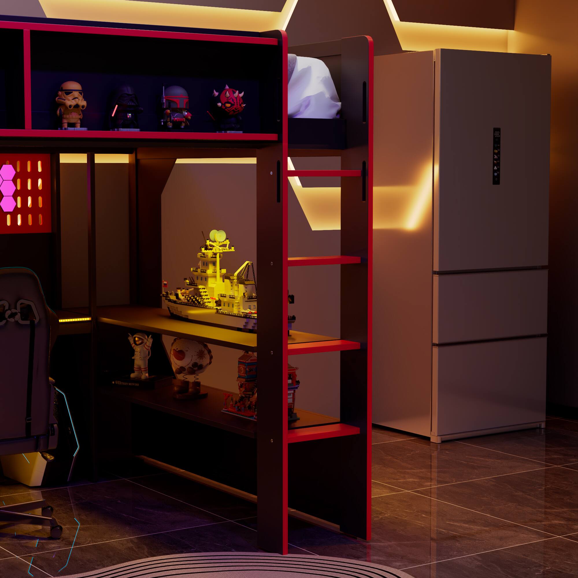 Alt View 2. Anysun - Full Gaming Loft Bed with Integrated Desk & Lights - Wooden Frame, Built-in Charging Station - Red.