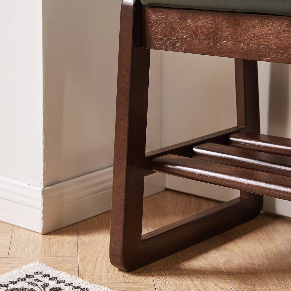 Alt View 10. Loheer - Loheer Wood Shoe Storage Bench with Vegan Leather Seat, 39.37 Inch Sturdy Shoe Rack Bench - Green and Brown.