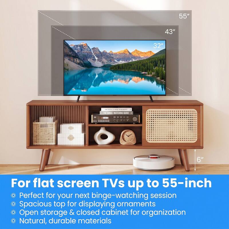 55"
43"
32"
6"

ARCHITECTURAL HARMONY THE BINGE-WATCHING GUIDE

For flat screen TVs up to 55-inch
Perfect for your next binge-watching session
Spacious top for displaying ornaments
Open storage & closed cabinet for organization
Natural, durable materials