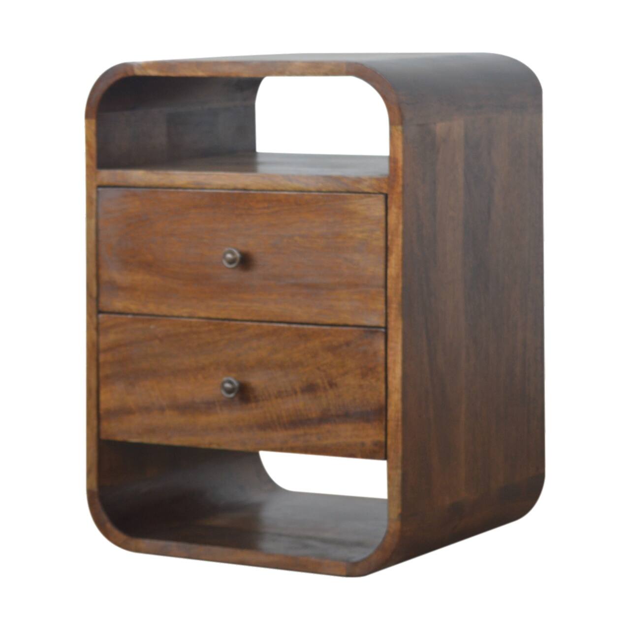 Angle. Artisan Furniture - Artisan Furniture Solid Wood Chestnut Curve Nightstand, 2 Drawer, 2 Open Slots, Dark Brown - Chestnut.