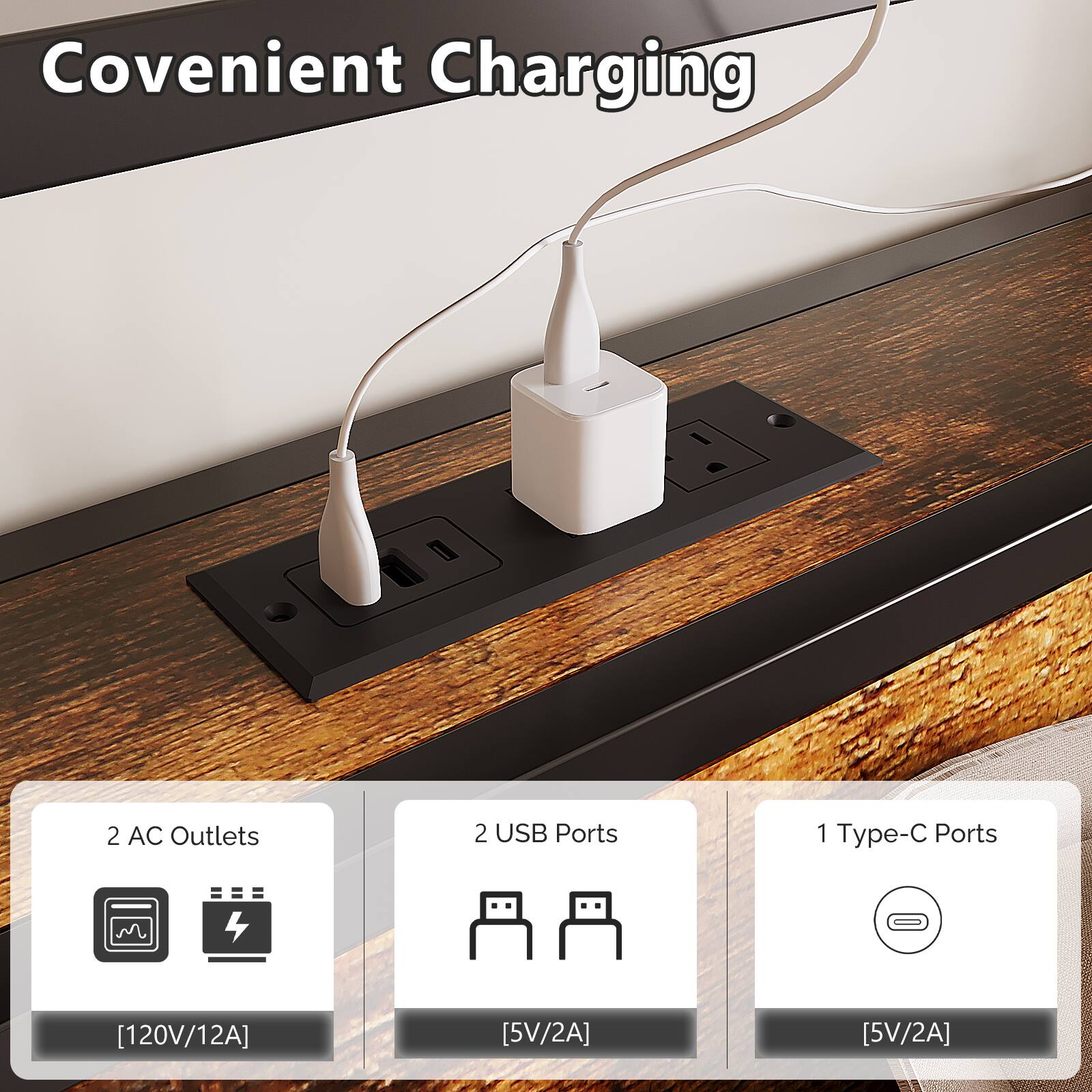 Convenient Charging  
2 AC Outlets  
2 USB Ports  
1 Type-C Port  
[120V/12A]  
[5V/2A]  
[5V/2A]