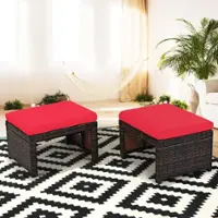 Costway 2PCS Patio Rattan Ottoman Cushioned Seat Foot Rest Furniture - Red + Mix brown - Front_Zoom