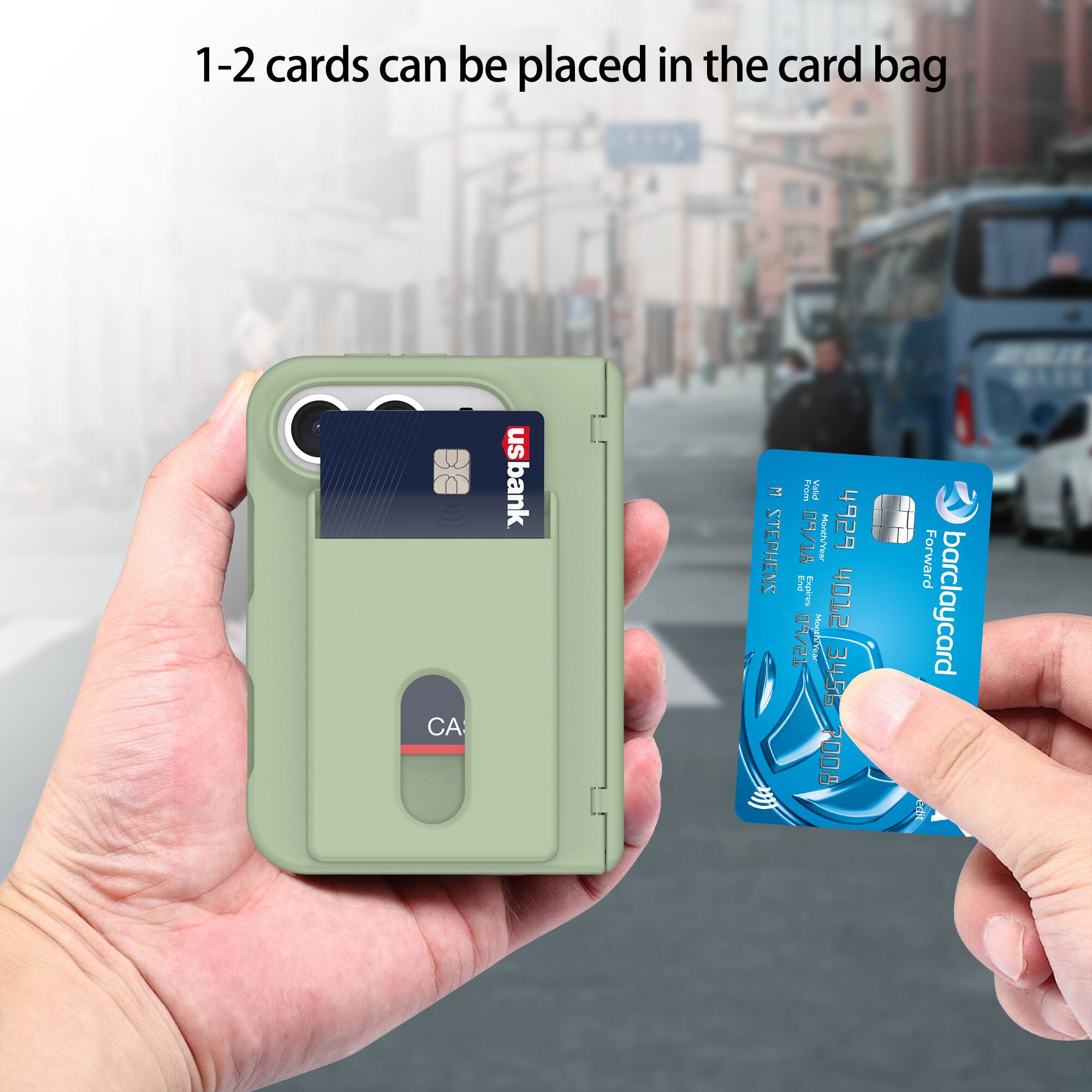 1-2 cards can be placed in the card bag

US Bank

W STEPHENS

From Valid 09/18 Month/Year

nasa

End Expires 09/21 ManifuYear

4012 3456 7008

Forward barclaycard