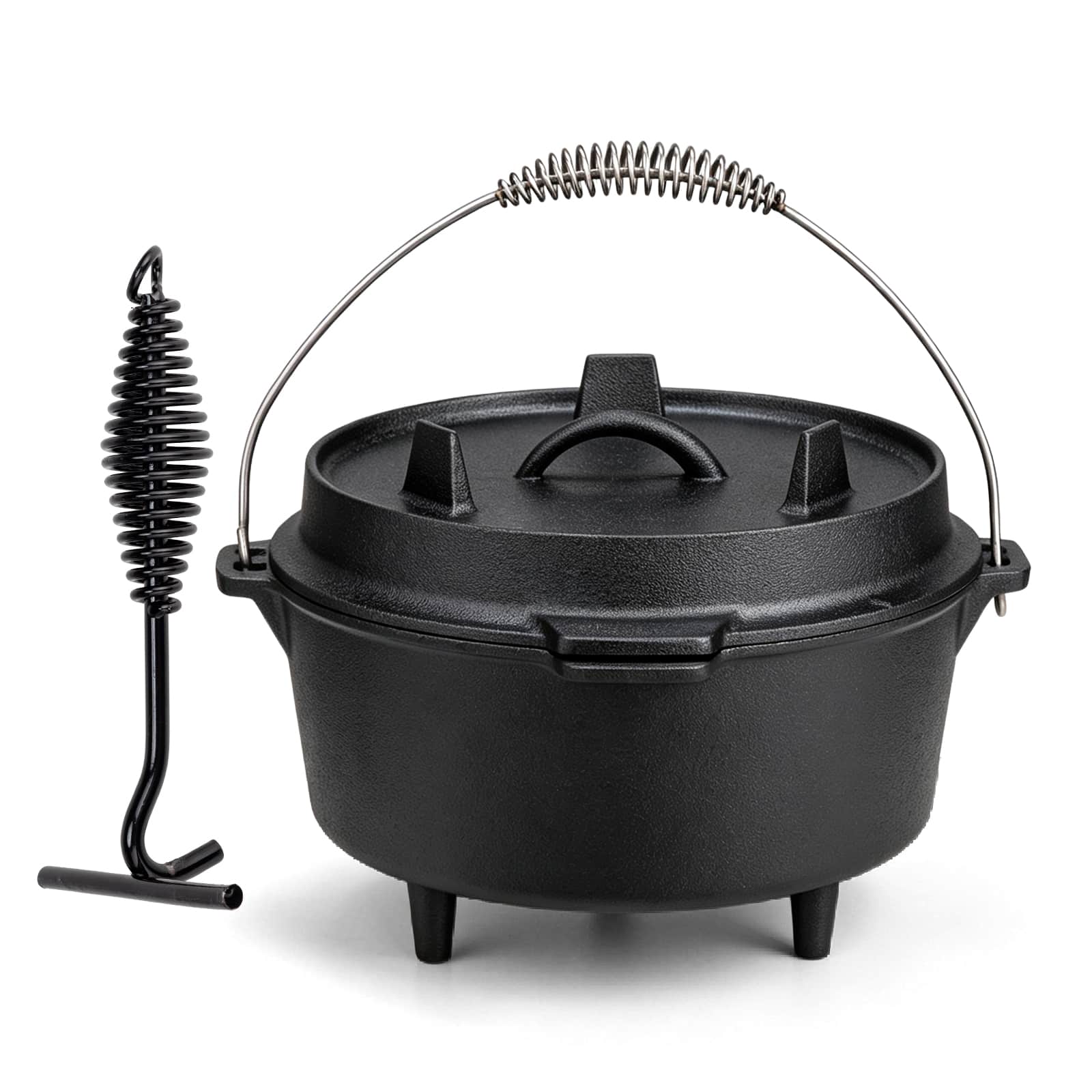 Winado - 7.9 QT Heavy Duty Cast Iron Camping Dutch Oven with 3 Legs and 2-in-1 Skillet Lid for Open Campfire & Coals & Wood Stove - Black