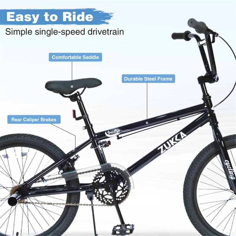 Easy to Ride  
Simple single-speed drivetrain  
Comfortable Saddle  
Durable Steel Frame  
Rear Caliper Brakes  
freestyle  
ZUKKA cycling