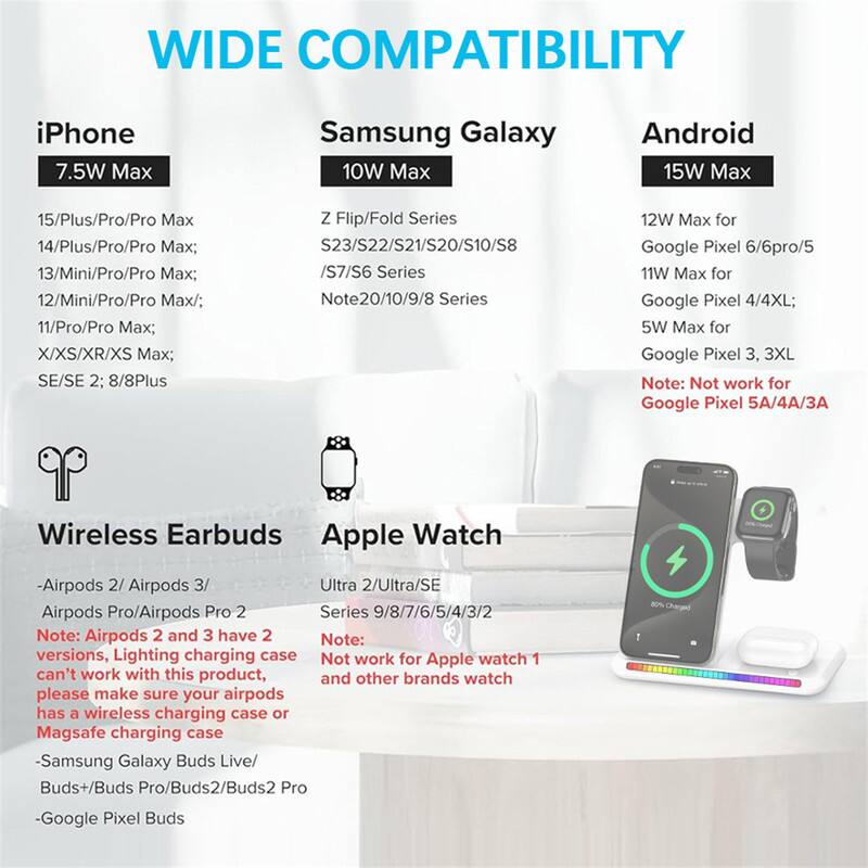 **WIDE COMPATIBILITY**

**iPhone**  
7.5W Max  
15/Plus/Pro/Pro Max  
14/Plus/Pro/Pro Max  
13/Mini/Pro/Pro Max  
12/Mini/Pro/Pro Max  
11/Pro/Pro Max  
X/XS/XR/XS Max  
SE/SE 2  
8/8Plus

**Samsung Galaxy**  
10W Max  
Z Flip/Fold Series  
S23/S22/S21/S20/S10/S8  
Note20/10/9/8 Series

**Android**  
15W Max  
12W Max for Google Pixel 6/6pro/5  
11W Max for Google Pixel 4/4XL  
5W Max for Google Pixel 3, 3XL  
Note: Not work for Google Pixel 5A/4A/3A

**Wireless Earbuds**  
- Airpods 2 / Airpods 3  
- Airpods Pro/Airpods Pro 2  
Note: Airpods 2 and 3 have 2 versions, Lightning charging case can't work with this product