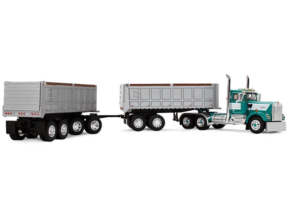 Alt View 3. First Gear - Kenworth W900A Day Cab with 22' Dual End Dump Trailers Turquoise with White Stripes 1/64 Diecast Model by DCP/First Gear.