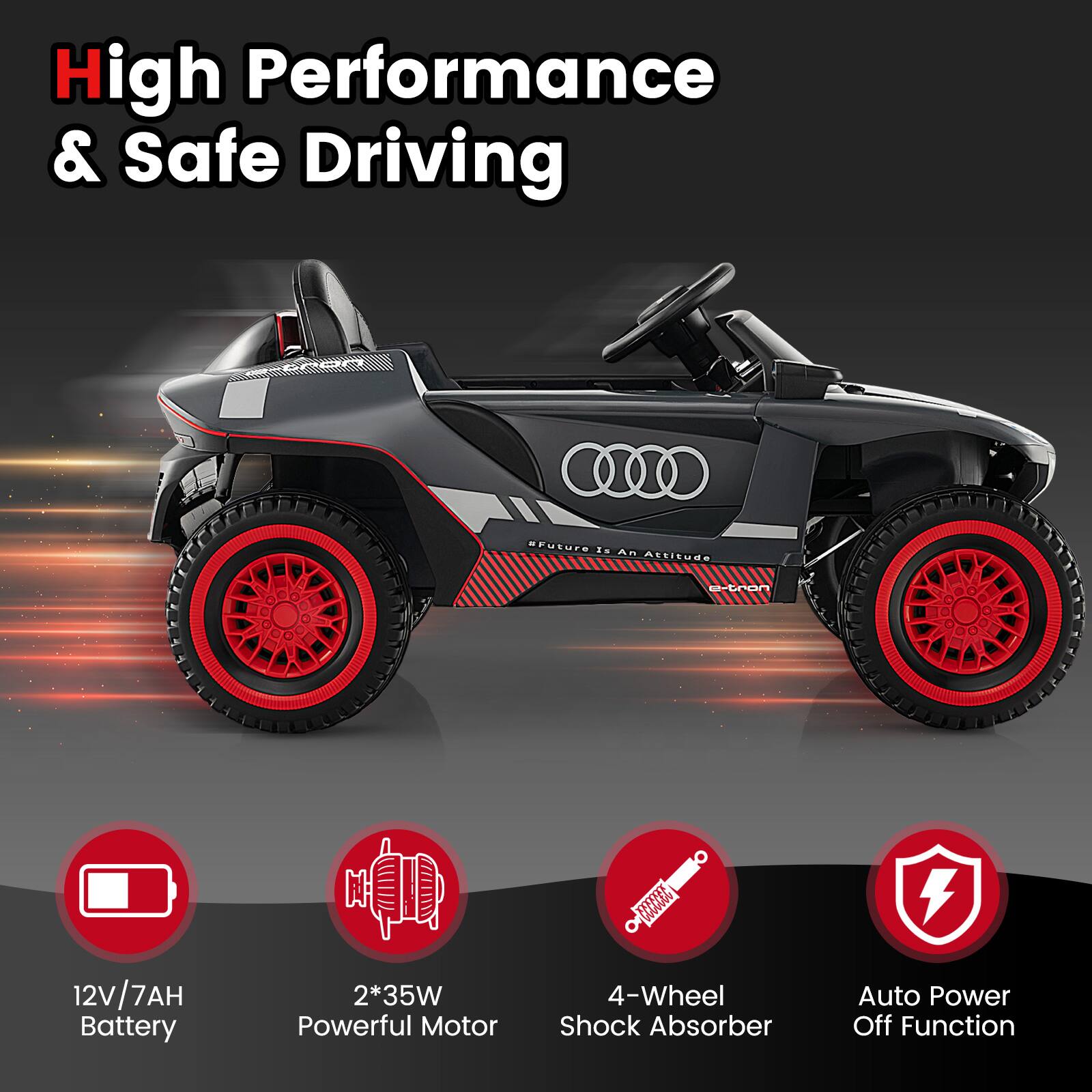 High Performance & Safe Driving

- 12V/7AH Battery
- 2*35W Powerful Motor
- 4-Wheel Shock Absorber
- Auto Power Off Function