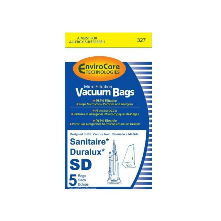 A MUST FOR ALLERGY SUFFERERS!!  
327 Envirocare TECHNOLOGIES Micro Filtration Vacuum Bags  
99.7% Filtration Traps Microscopic Particles and Allergens  
Filtración 99,7% Partículas et Allergenes Microscopiques de Pleges  
Filtración 99,7% Partículas Alergénicas Microscópicas de los Desvios  
Designed to Fit: Conçu Pour: Diseñado a Medida:  
Sanitaire* Duralux* SD Bags  
5 Sacs Bolsas