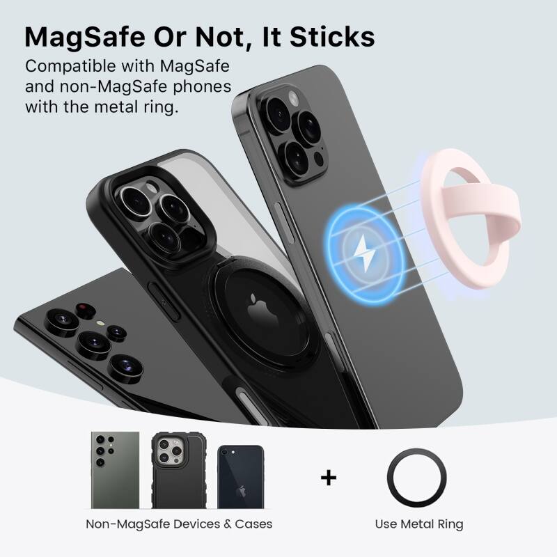 MagSafe Or Not, It Sticks
Compatible with MagSafe and non-MagSafe phones with the metal ring.

+ Non-MagSafe Devices & Cases
Use Metal Ring