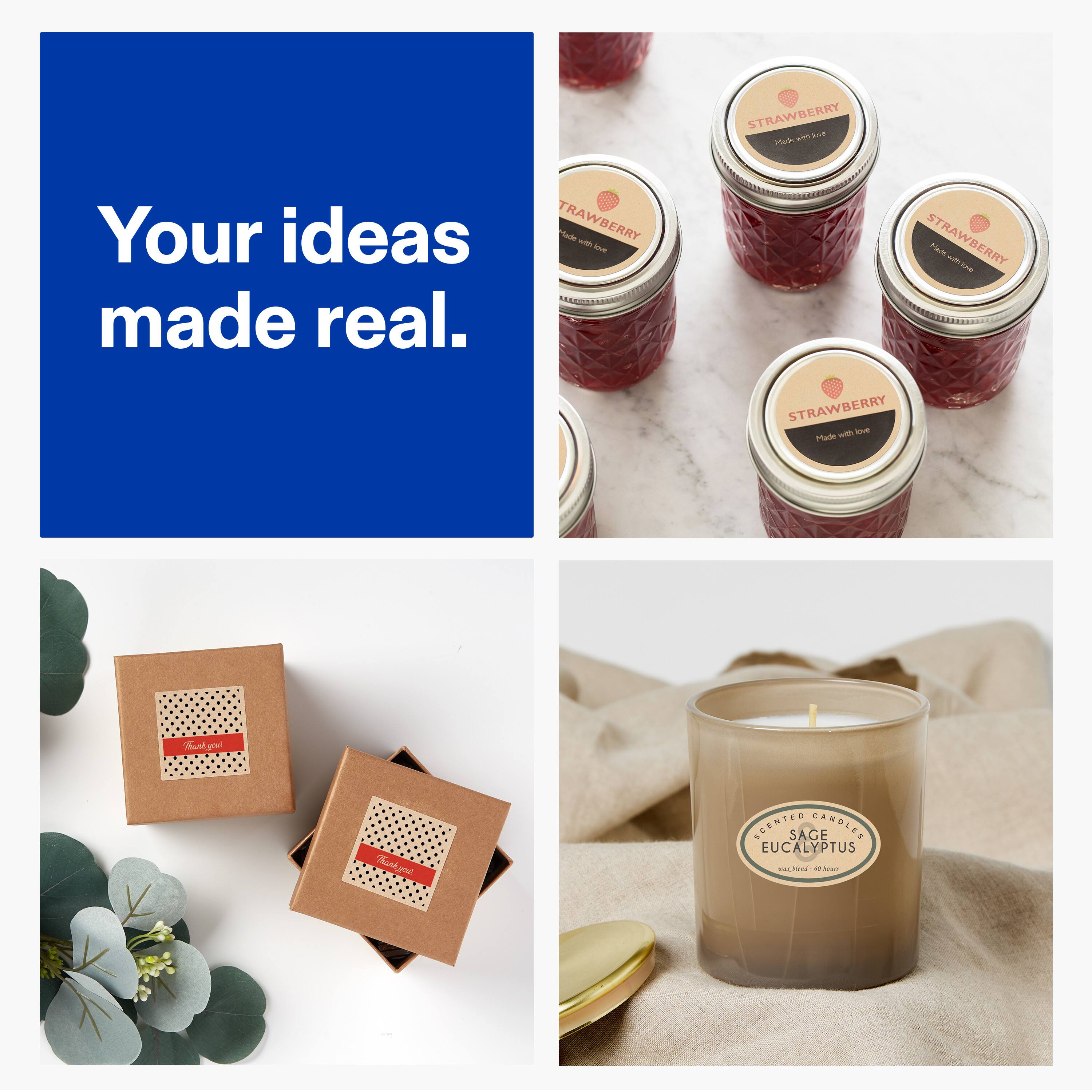 Your ideas made real.

STRAWBERRY  
Made with love

SCENTED CANDLE  
SAGE EUCALYPTUS  
with Eucalyptus & Rosemary