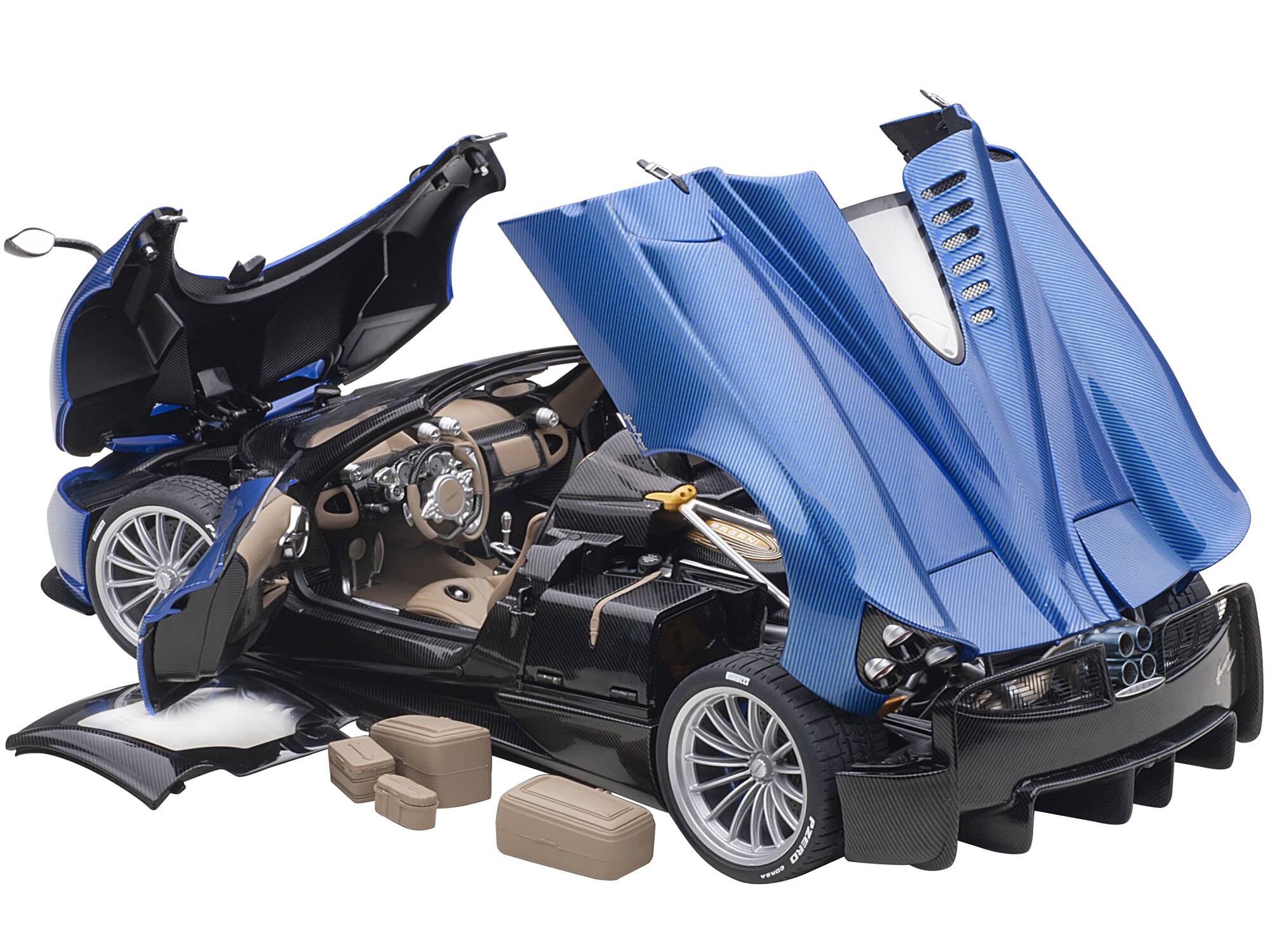 Alt View 1. Autoart - Pagani Huayra Roadster Blue Tricolore Carbon Fiber with Black Top with Luggage Set 1/18 Scale Model Car by Autoart.