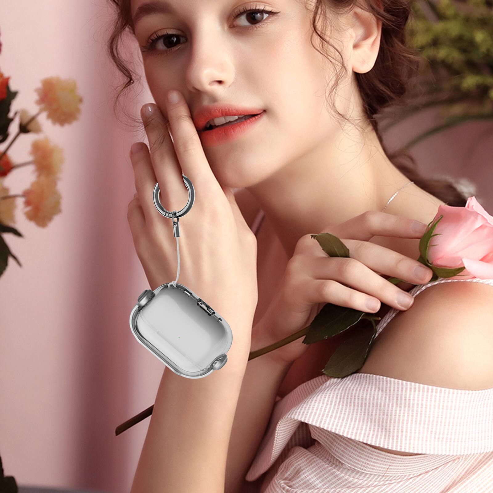 Alt View 3. Dteck - For Apple Airpods 4th/5th Gen Slim Fit Clear Kickstand Shockproof Drop Protection Case With Anti-Loss Ring - Gray.