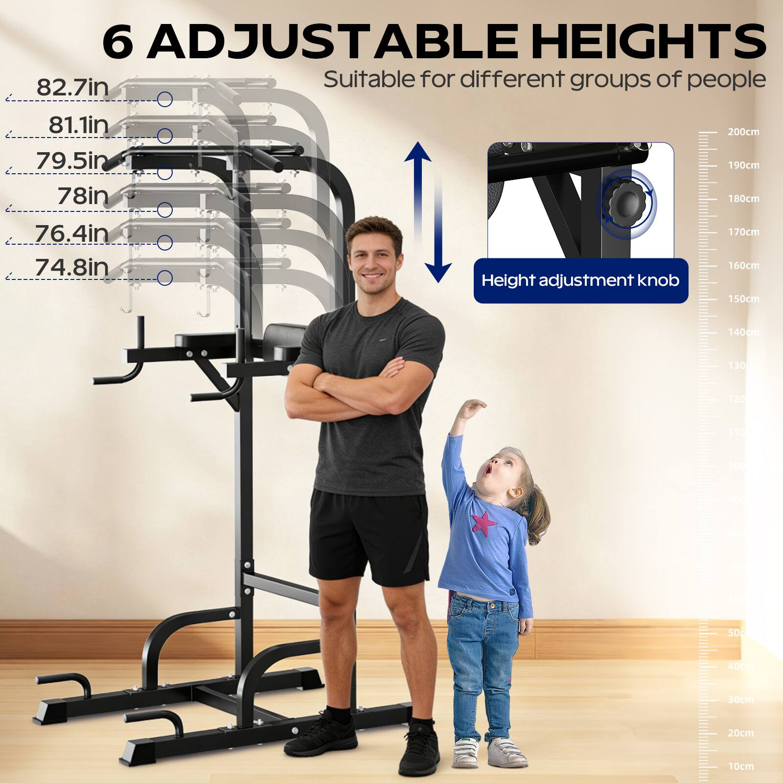 6 ADJUSTABLE HEIGHTS  
Suitable for different groups of people  

82.7in  
81.1in  
79.5in  
78in  
76.4in  
74.8in  

Height adjustment knob  

200cm  
190cm  
180cm  
170cm  
160cm  
150cm  
140cm  
130cm  
120cm  
110cm  
100cm  
90cm  
80cm  
70cm  
60cm  
50cm  
40cm  
30cm  
20cm  
10cm