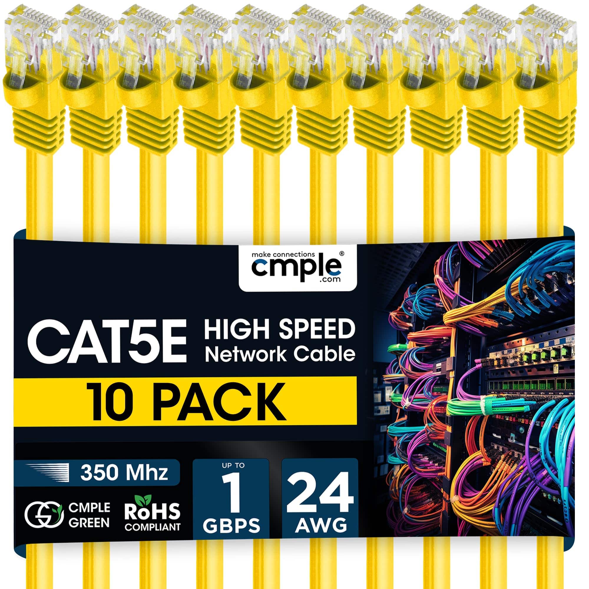 Cmple.com - Cmple - 10 Pack Cat5e Ethernet Cable 1.5ft Internet Cables, RJ45 Connectors 1Gbps LAN Patch Cord 350Mhz Wire - Yellow