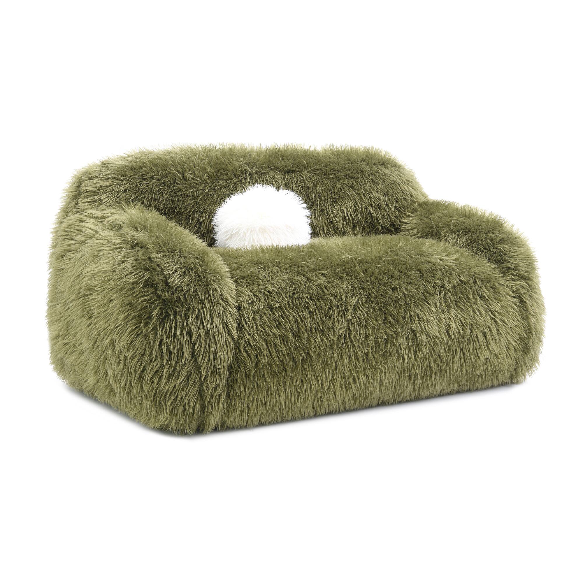 Vaczon - Faux Fur Loveseat Sofa Cozy Shaggy Plush Chair for Home Apartment or Lounge Area with Accent Pillows - Olive Green