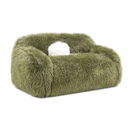 Vaczon - Faux Fur Loveseat Sofa Cozy Shaggy Plush Chair for Home Apartment or Lounge Area with Accent Pillows - Olive Green