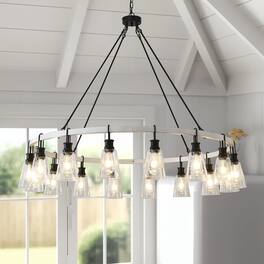 RYHNUYNE - 16-Light Wooden Wagon Wheel Chandelier, Rustic Round Chandeliers for Dining Room ,Farmhouse Chandelier Light Fixture - Black