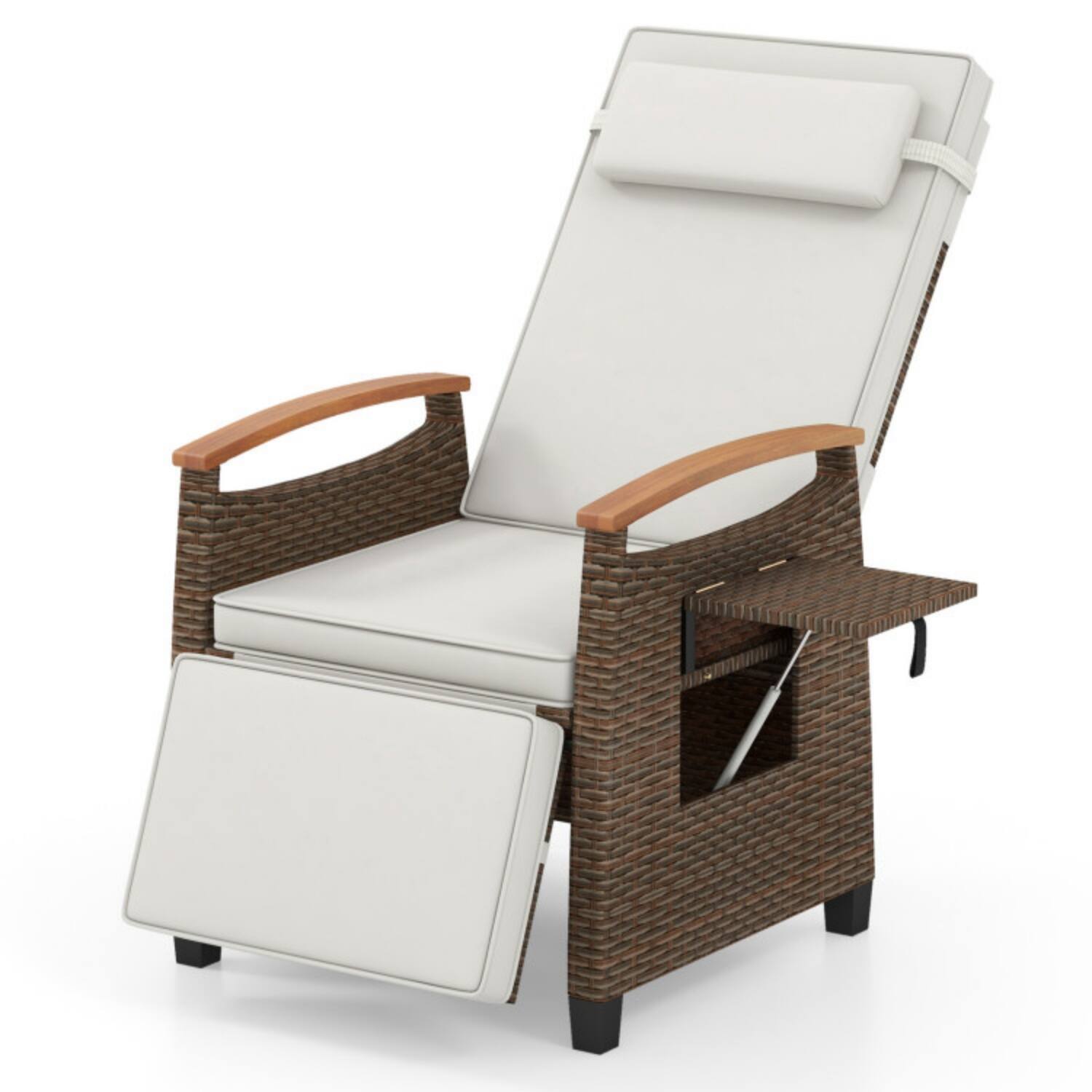 Alt View 5. Mondawe - Patio Wicker Recliner Chair w Adjustable Backrest & Footrest Flip Side Table PE Rattan 150° - White.