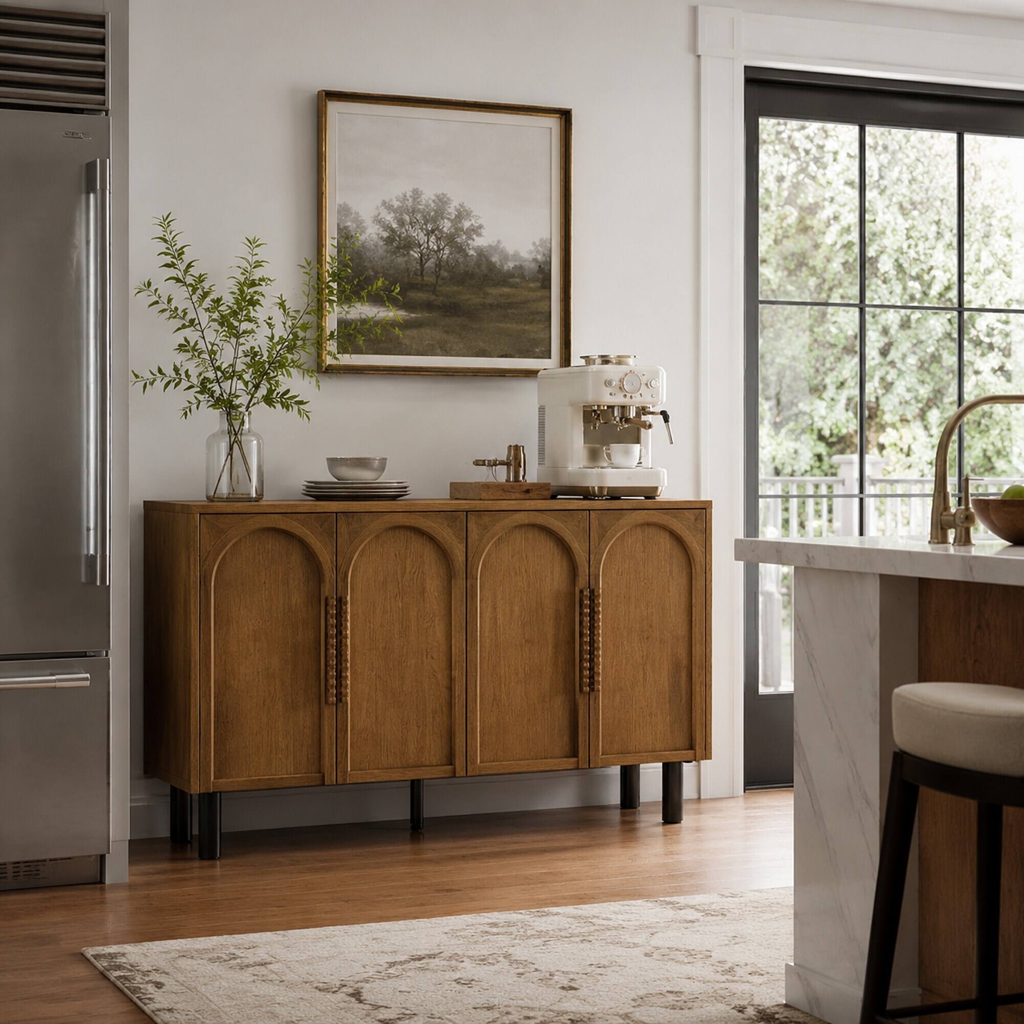 Angle. RYHNUYNE - Freestanding 59.84 Inch Gold-Toned 4-Door Sideboard Buffet Cabinet with Arched Door Storage, Console Table - Antique Gold.