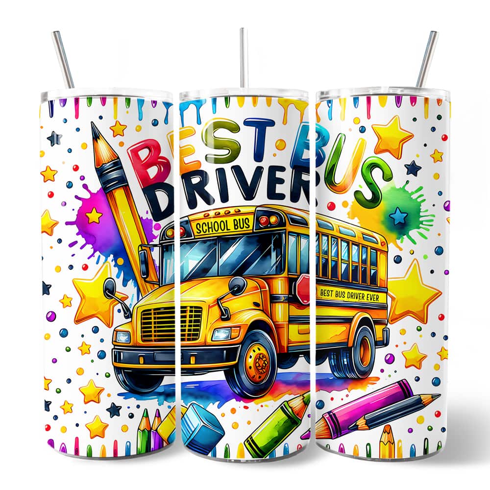 OrnamentallyYou - Colorful Best Bus Driver 20oz Tumbler With Stainless Steel Straw, School Staff Appreciation Gift Cup - Multicolored