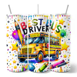 OrnamentallyYou - Colorful Best Bus Driver 20oz Tumbler With Stainless Steel Straw, School Staff Appreciation Gift Cup - Multicolored