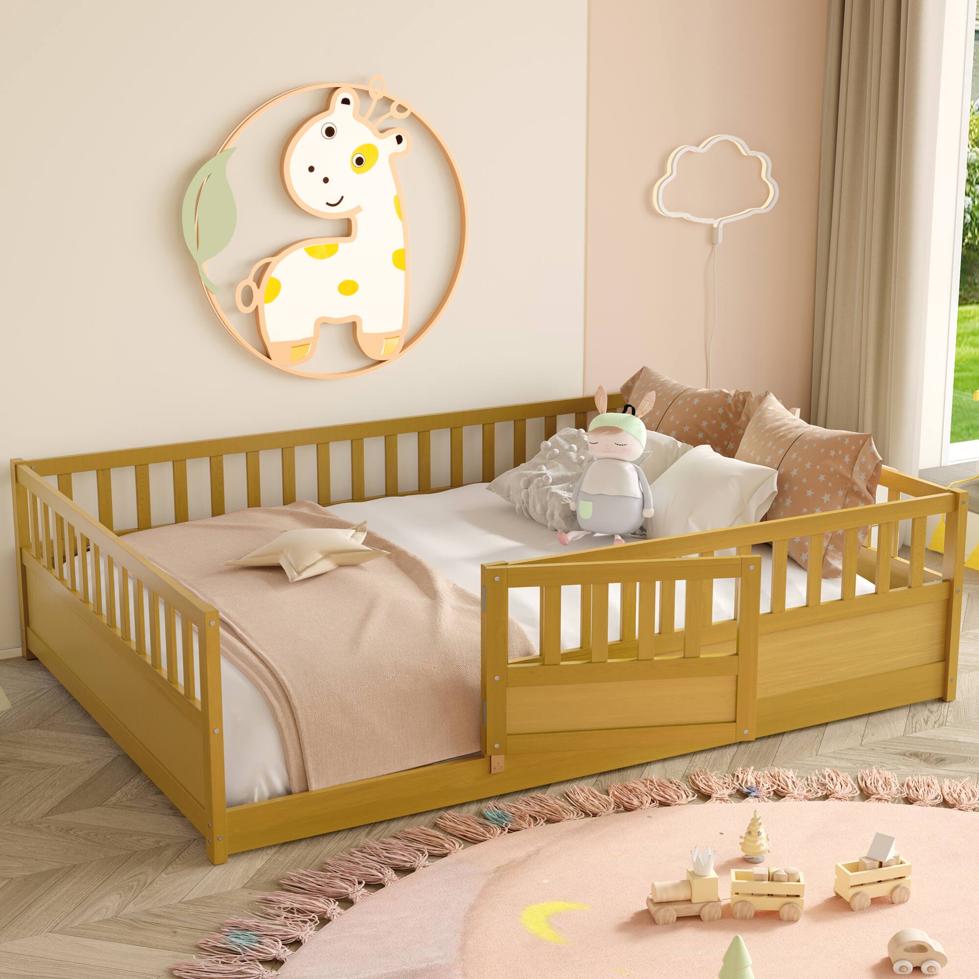 Left. GOODSILO - Full Size Floor Bed with High Security Barrier and Door for Children, Montessori Style Wooden Frame - Natural Wood.