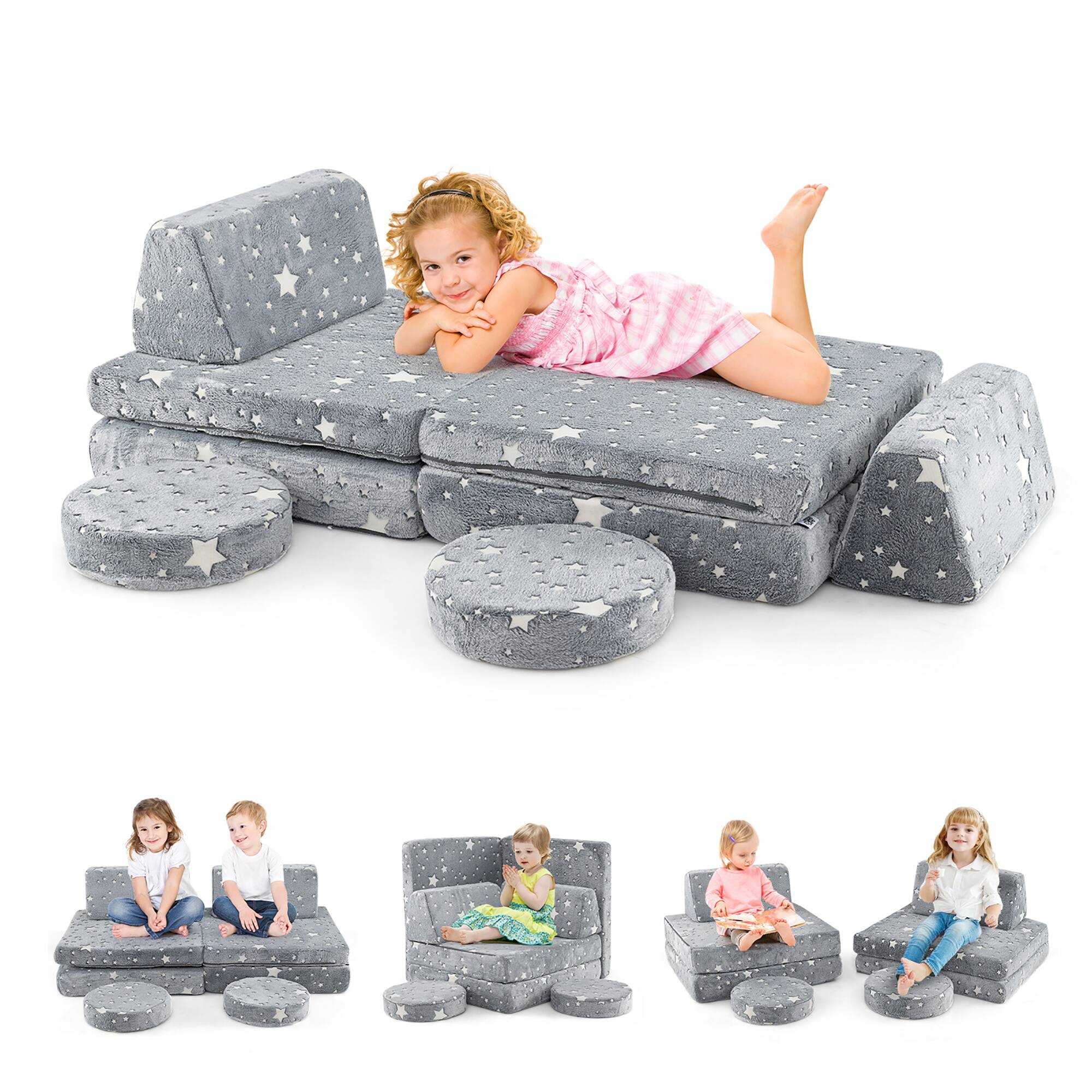 Front. Gymax - Gymax Glow in the Dark Modular Kids Play Couch Set w/ Machine-washable Flannel Covers Gray - Gray.