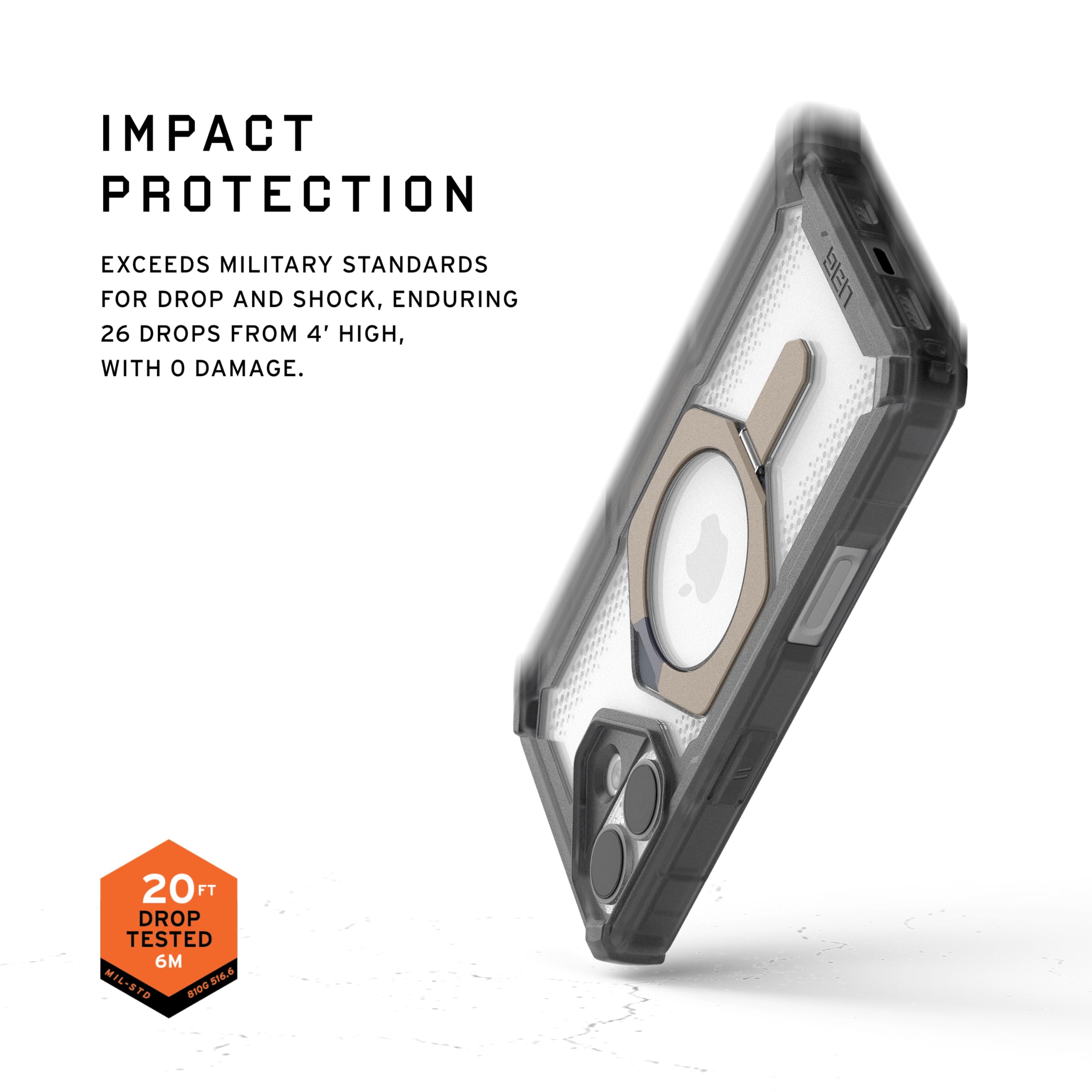 IMPACT PROTECTION

EXCEEDS MILITARY STANDARDS FOR DROP AND SHOCK, ENDURING 26 DROPS FROM 4' HIGH, WITH 0 DAMAGE.

20 FT DROP TESTED 6M

MIL-STD-810G