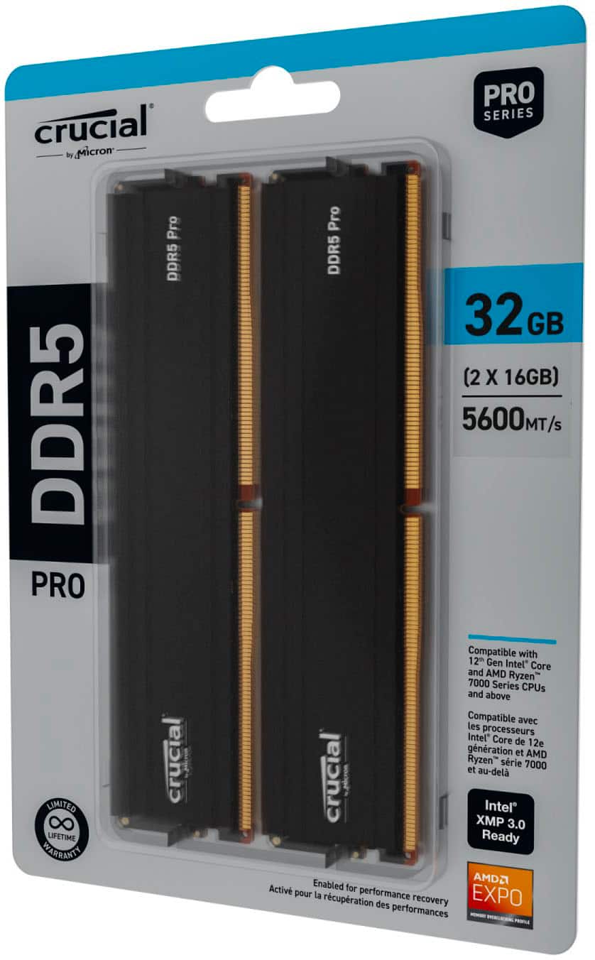 Crucial by Micron PRO SERIES DDR5 PRO Pro DDR5 Pro DDR5 32G GB (2 X 16GB) 5600MT/s LIMITED LIFETIME WARRANTY crucial Compatible with 12th Gen Intel Core and AMD Ryzen 7000 Series CPUs and above Compatible avec les processeurs Intel Core de 12e gnration et AMD Ryzen srie 7000 et au-del crucial XMP Intel 3.0 Ready Enabled AMD2 Activ for pour la rcupration performance recovery EXPO des performances PROFILE