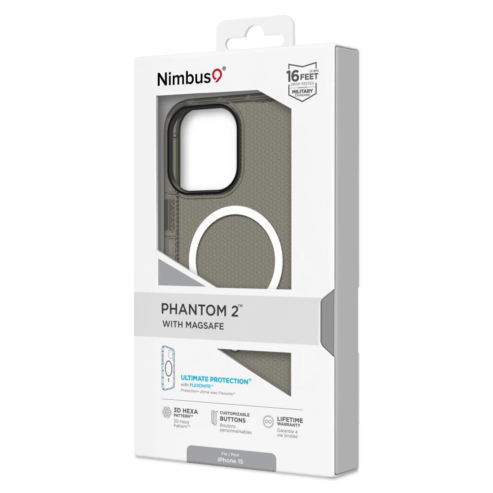 Nimbus  
(4.2M) 16 FEET DROP-TESTED MILITARY STANDARD  
PHANTOM 2™ WITH MAGSAFE  
ULTIMATE PROTECTION* with FLEXONITE™  
3D HEXA PATTERN  
CUSTOMIZABLE BUTTONS  
8 LIFETIME WARRANTY  
For iPhone 15