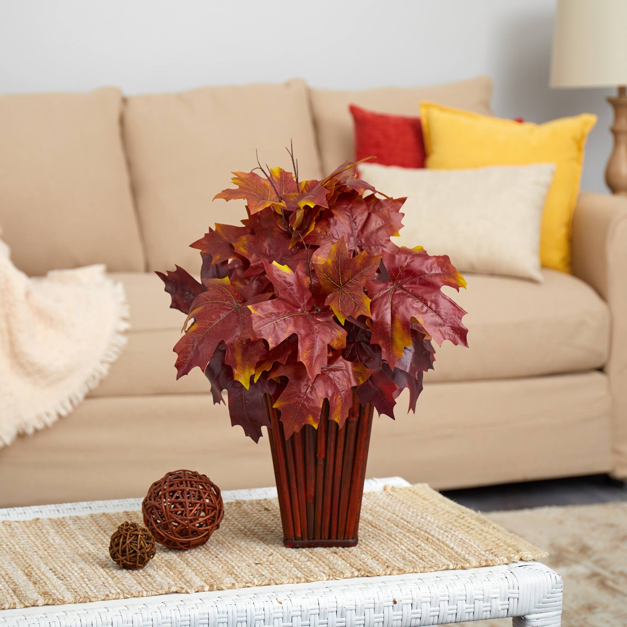 Angle. BreeBe - 19" Autumn Maple Leaf Artificial Plant in Decorative Planter - Burgundy.