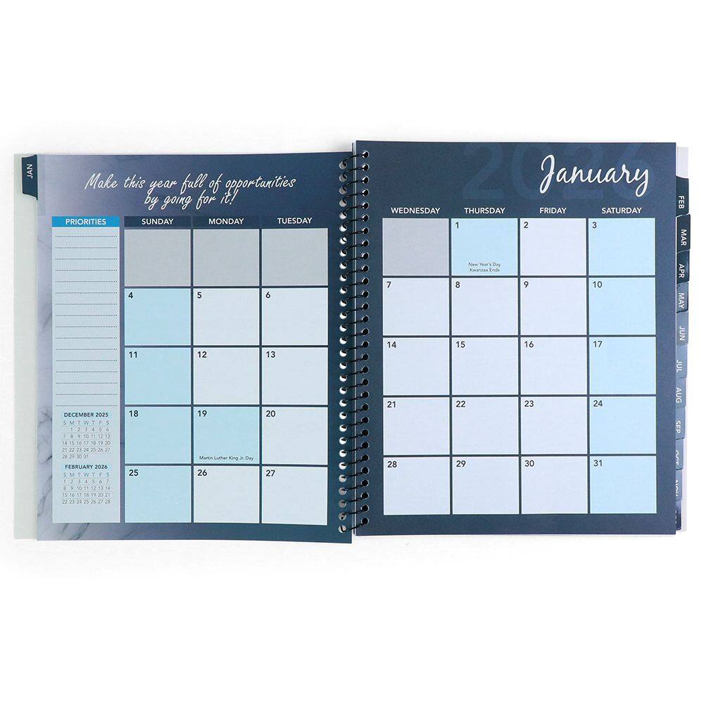 **Left Page:**

- **Make this year full of opportunities by going for it!**

- **Priorities:**
  - [ ] 
  - [ ] 
  - [ ] 
  - [ ] 

- **December 2023**
  - 1 2 3 4 5 6 7 8 9 10 11 12 13 14 15 16 17 18 19 20 21 22 23 24 25 26 27 28 29 30 31

- **January 2024**
  - 1 2 3 4 5 6 7 8 9 10 11 12 13 14 15 16 17 18 19 20 21 22 23 24 25 26 27

- **February 2024**
  - 1 2 3 4 5 6 7 8 9 1