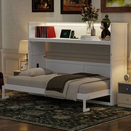 Whisen - Twin XL Murphy Bed with Desk, LED Light, USB Charging Station, Space-Saving Wall Bed for Guest Room - White