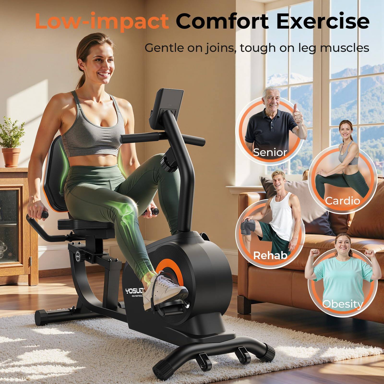 Low-impact Comfort Exercise  
Gentle on joints, tough on leg muscles  

Senior  
Cardio  
Rehab  
Obesity