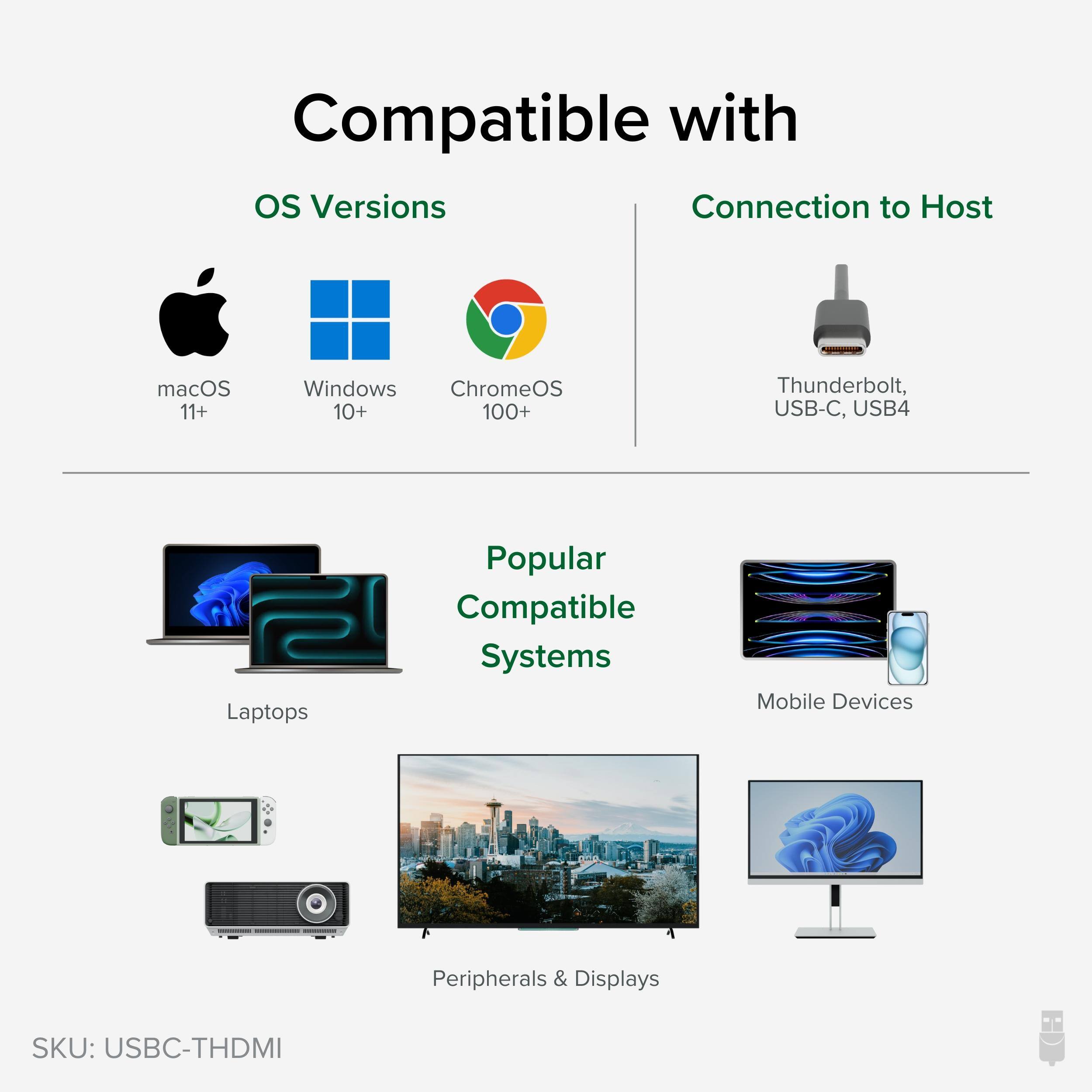 Compatible with OS Versions: macOS 11+, Windows 10+, ChromeOS 100+

Connection to Host: Thunderbolt, USB-C, USB4

Popular Compatible Systems: Laptops, Mobile Devices, Peripherals & Displays

SKU: USBC-THDMI