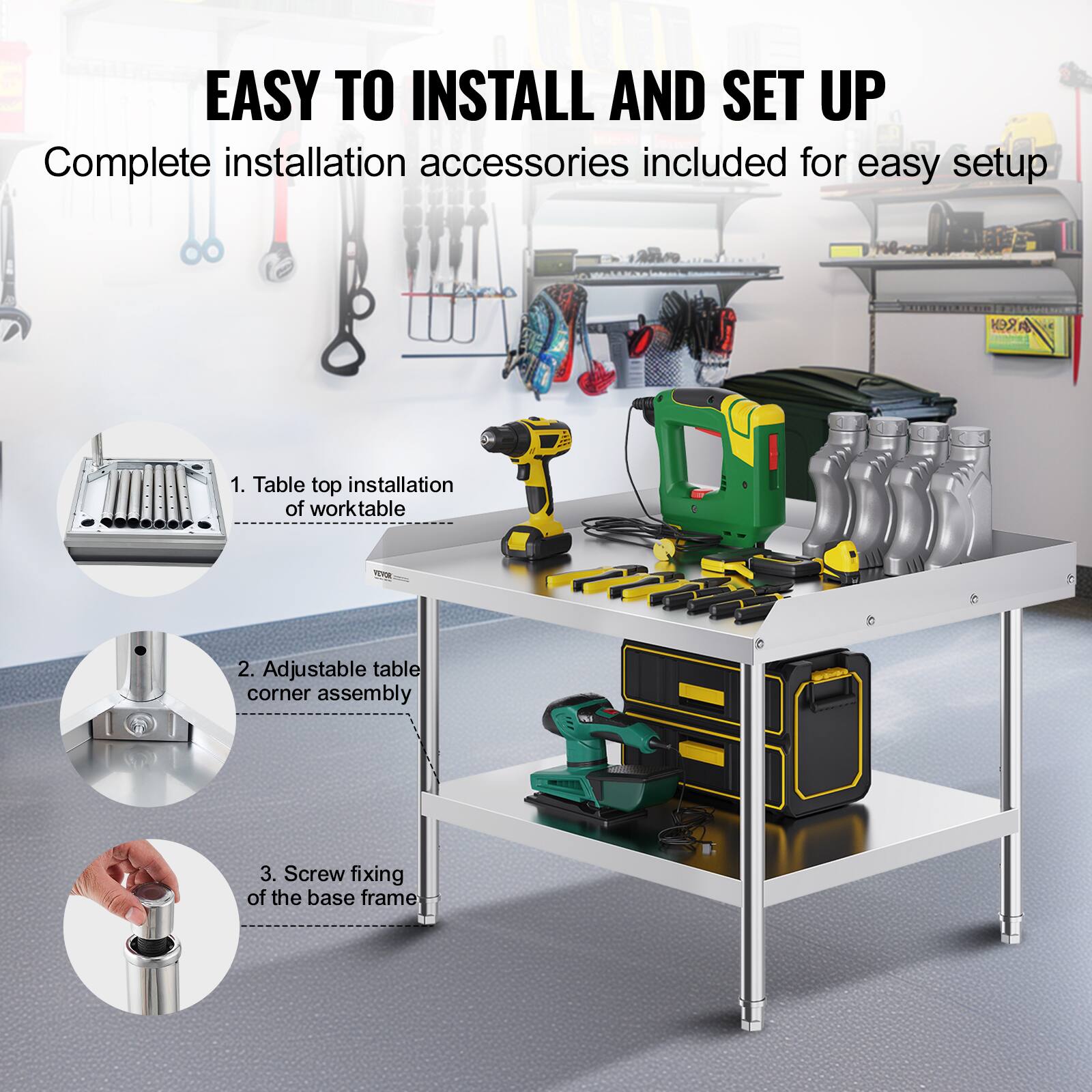 EASY TO INSTALL AND SET UP

Complete installation accessories included for easy setup

1. Table top installation of worktable
2. Adjustable table corner assembly
3. Screw fixing of the base frame