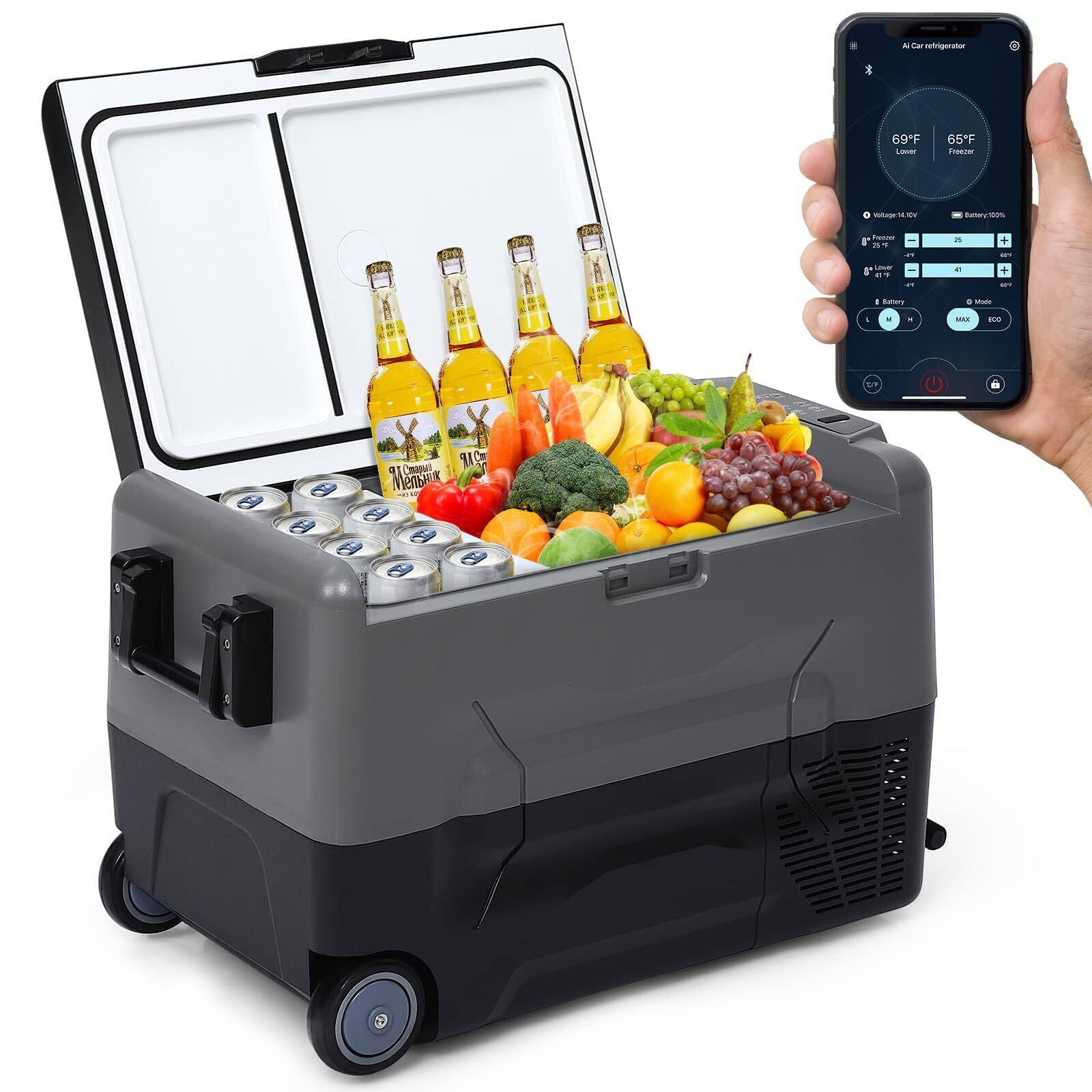 Acekool - 48QT Car Refrigerator 12V Electric Cool Dual Zone 4℉-68℉ Portable Fridge Freezer w/ Wheels APP Control - Gray