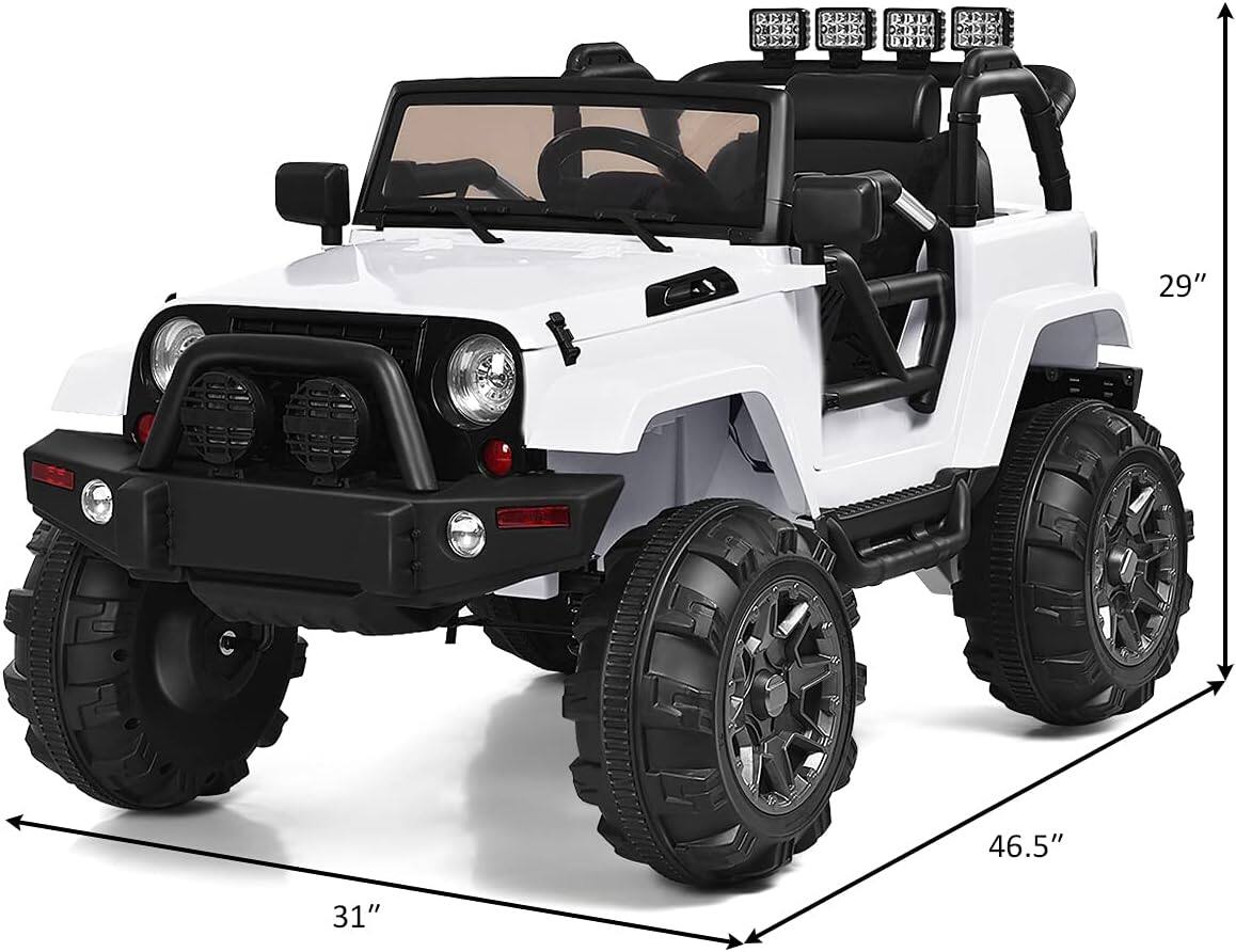 The text on the image reads "29" 46.5" 31". This suggests that the white toy jeep is 29 inches long, 46.5 inches wide, and 31 inches tall.