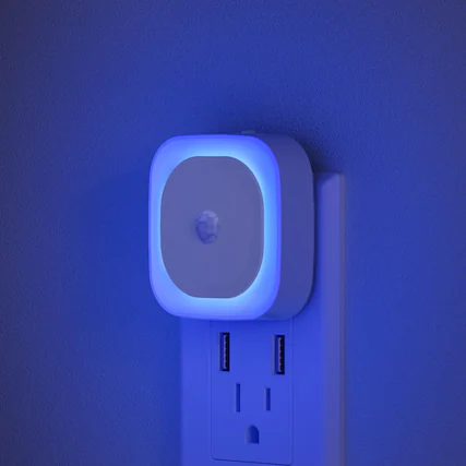 Front. Dazzed Corner - 2 Pack Dimmable Plug-in Night Light with Motion & Dusk to Dawn Sensor, Auto ON/Off - Blue.