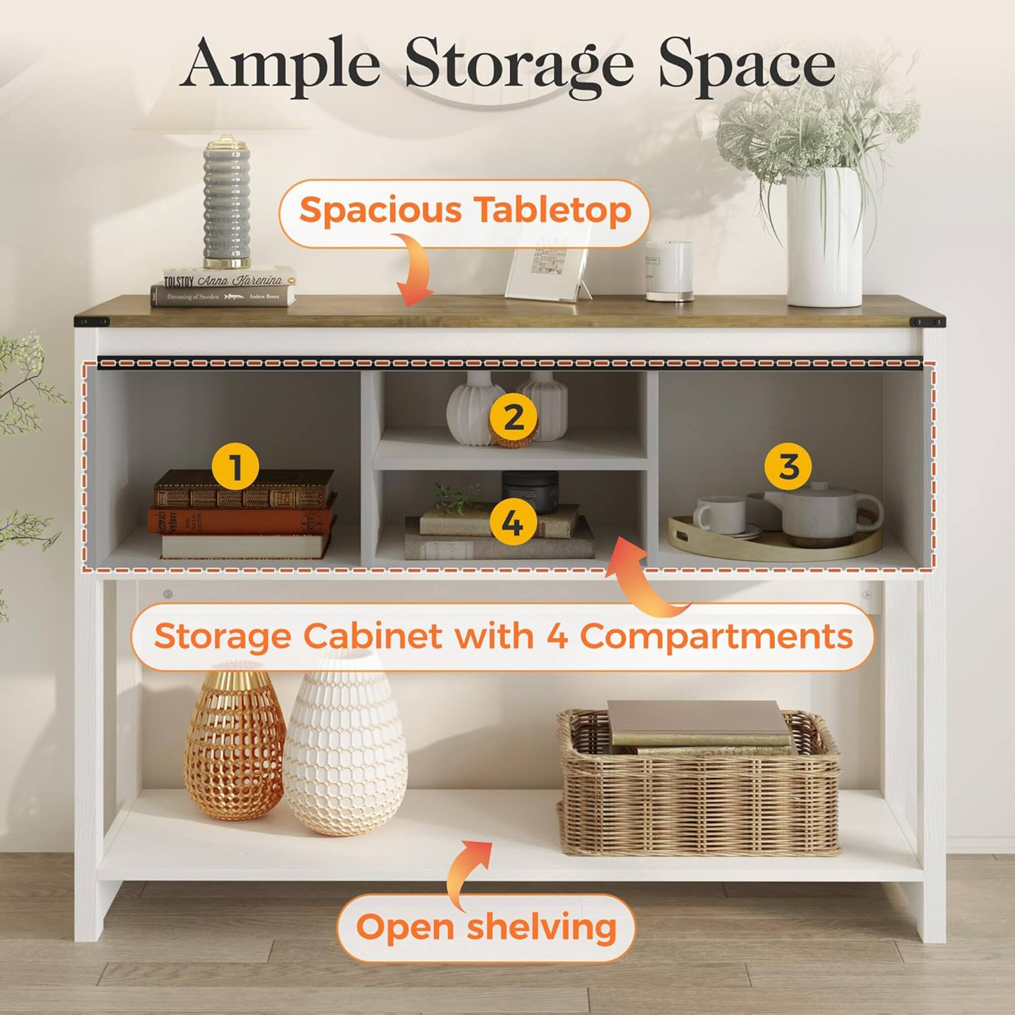 Ample Storage Space  
Spacious Tabletop  
Storage Cabinet with 4 Compartments  
Open shelving