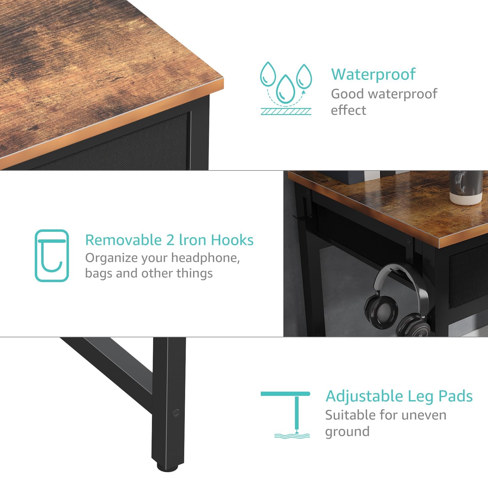 - Waterproof: Good waterproof effect
- Removable 2 Iron Hooks: Organize your headphone, bags and other things
- Adjustable Leg Pads: Suitable for uneven ground