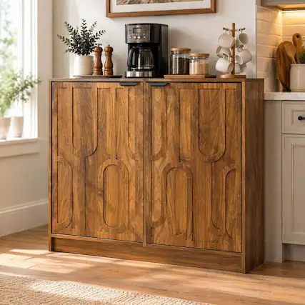 Front. RYHNUYNE - Freestanding Farmhouse Sideboard Buffet Cabinet with Storage, Wood Coffee Bar Cabinet, Walnut, 31.5 Inch - Walnut.