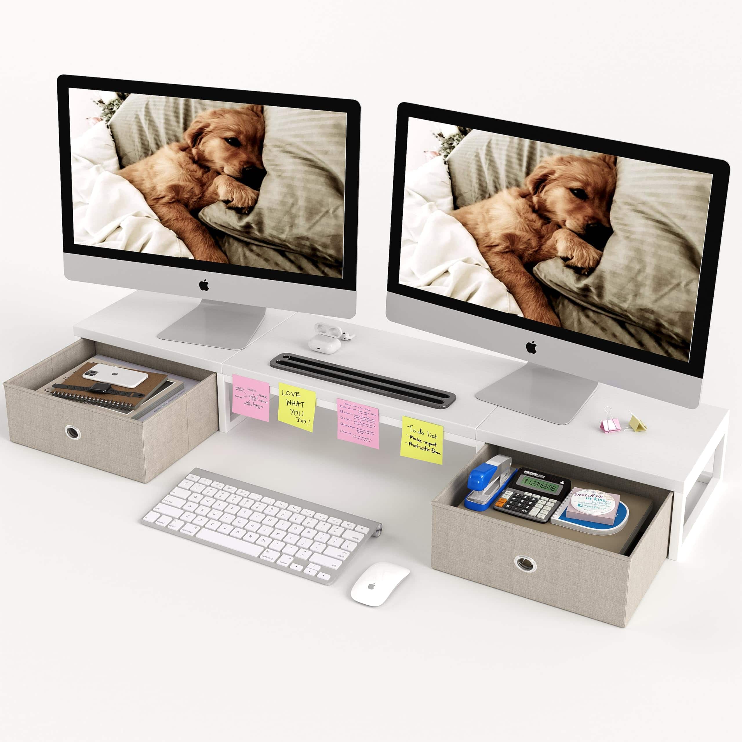 Hanke - Dual Monitor Stand Riser With 2 Drawers - Storage Computer Stands For 2 Monitors Wooden Desktop Organizer H - White 39.37 INCH